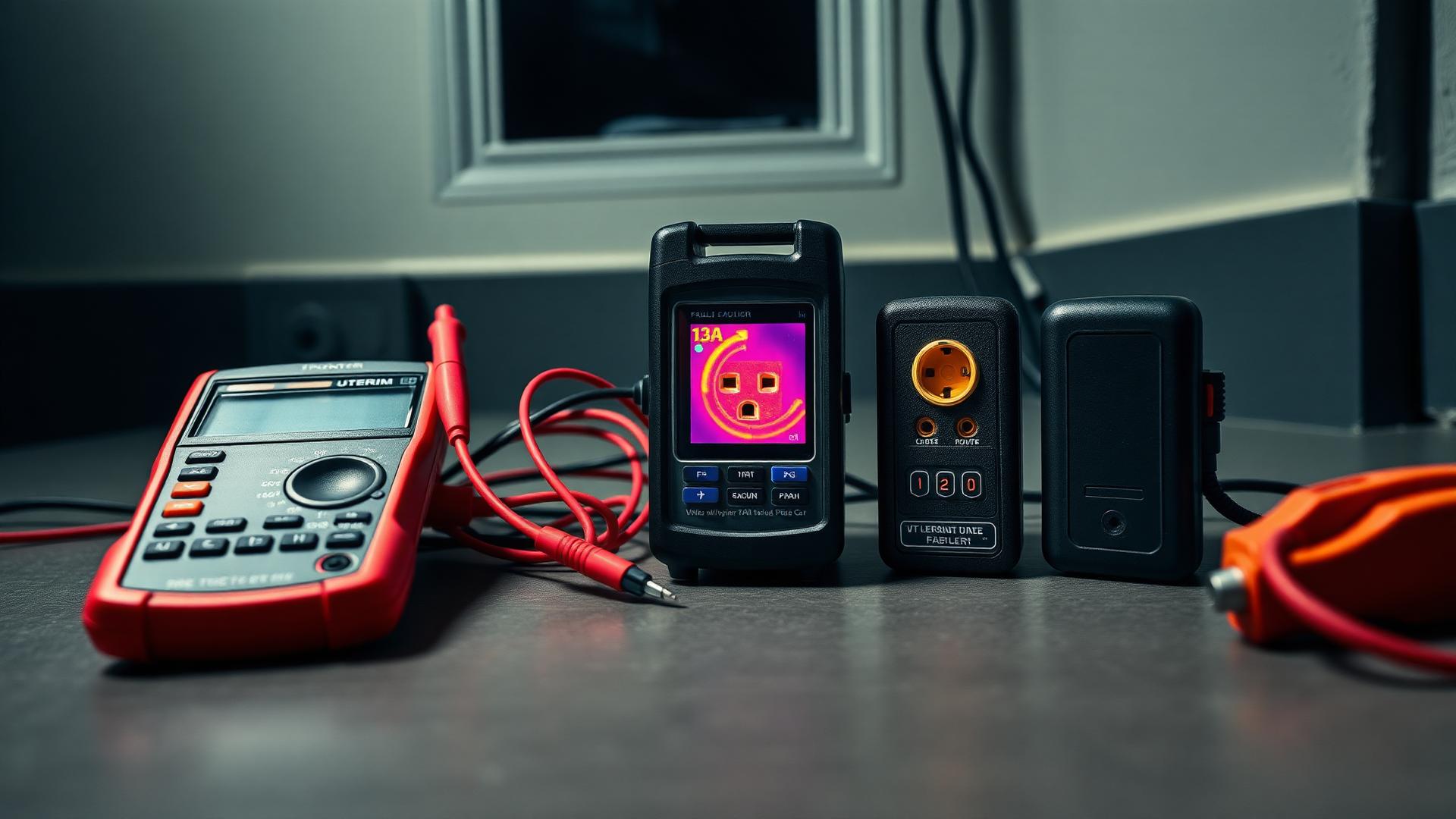 Electrical fault finding tools including multimeter, thermal camera and socket tester