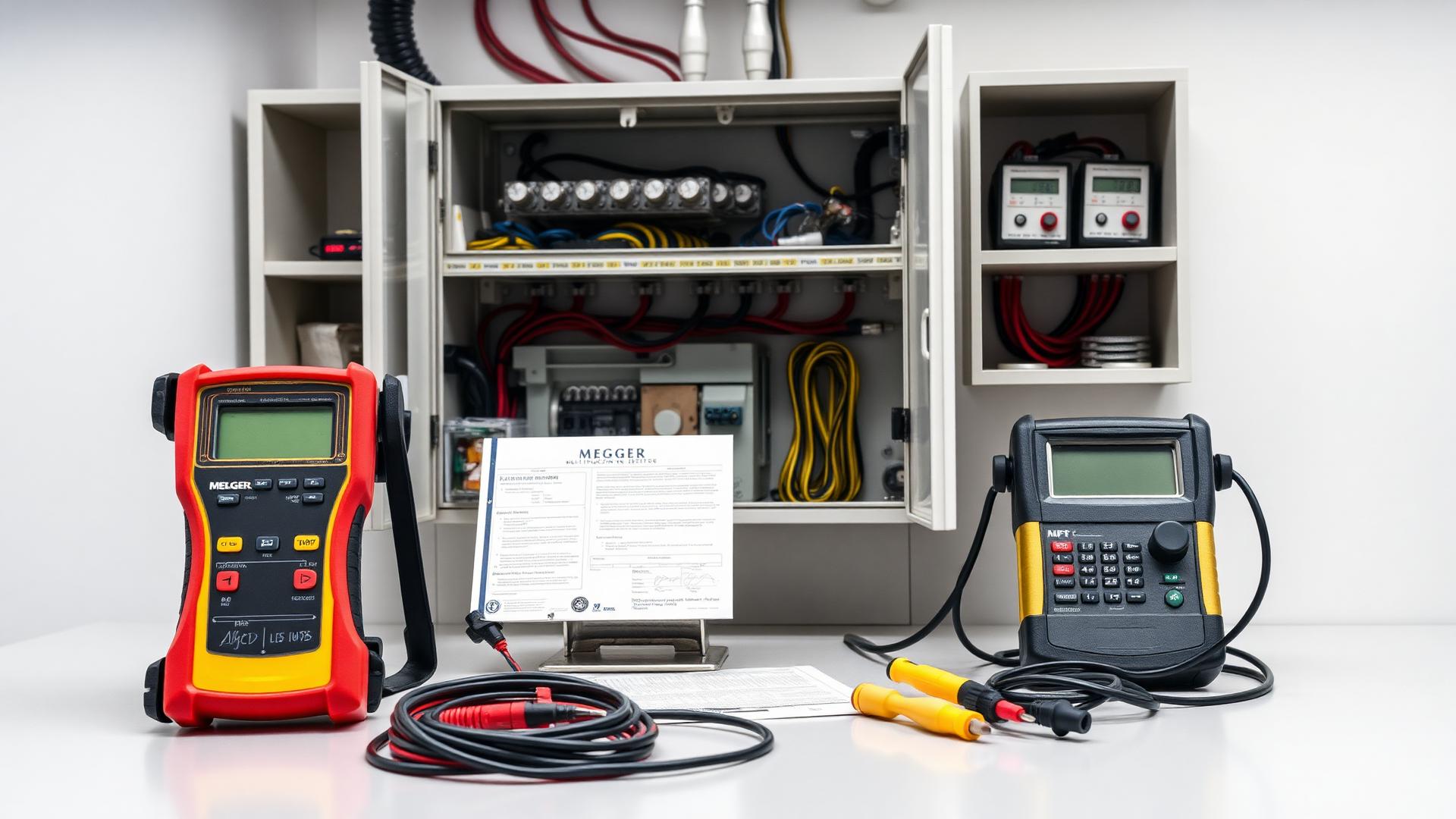 Professional UK electrical testing equipment on a workbench with a certificate and open consumer unit